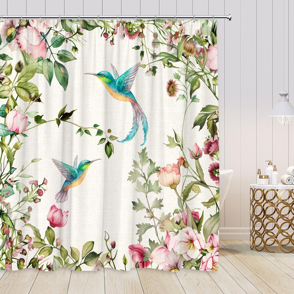 Hummingbird Floral Shower Curtains Birds Blooming Flowers Colorful Blossom Greenery Plants Modern Spring Bathroom Curtain Decor