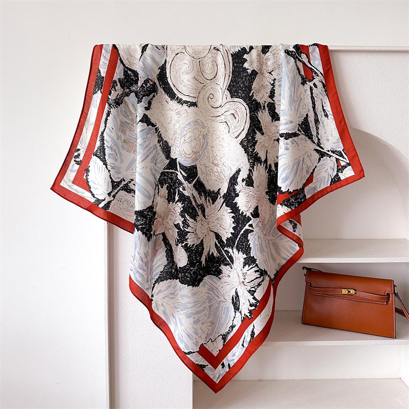 

Foreign Trade Cross-Border Plant Little Squirrel 90 Simulation Silk Large Square Scarf Retro Printed Shawl Herringbone Scarf Headscarf Female 90x90cm