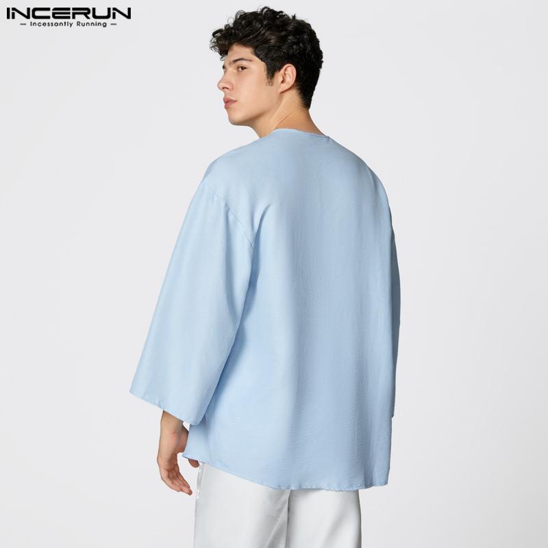 INCERUN S-XXXXXL Men Casual Loose 3/4 Sleeve Solid Color Long Tunic Tops Shirts