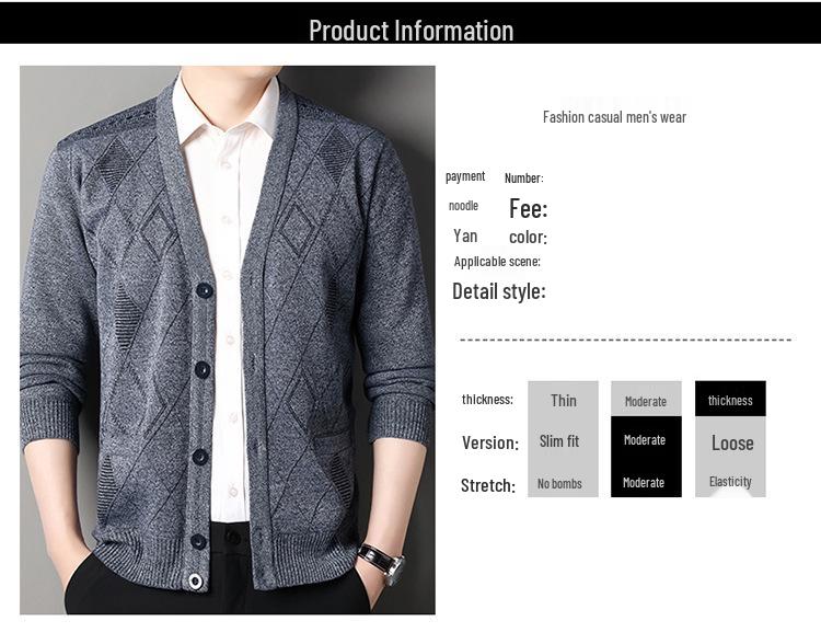 Men's V-Neck Jacquard Sweater Coat - Plus Velvet Knitted Cardigan for Autumn/Winter