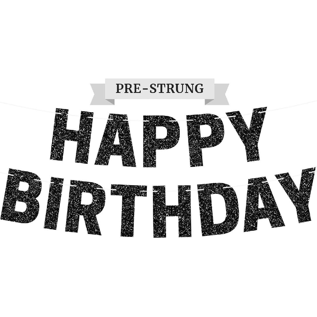 Pre-strung Happy Birthday Banner - No DIY - Gold Glitter Birthday Party Banner for Men & Women - Pre-strung Garland on 8 ft Strands - Gold Bday Party чёрный