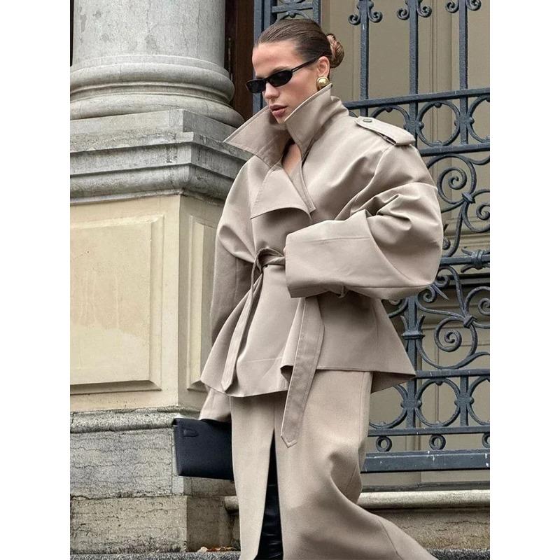 Women V-neck Lapel Belt Trench Coat Fashion Lace Up Full Sleeve Button Short Thin Windbreak 2026 New Lady Daily Street Outerwear