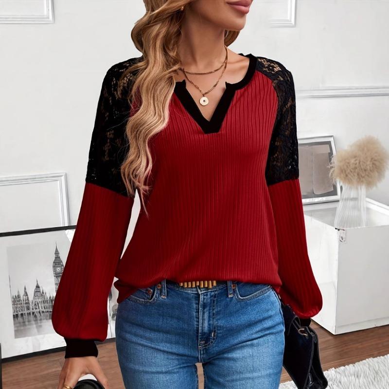 

Женский осенне-зимний кружевной топ с длинными рукавами и V-образным вырезом XXL красный