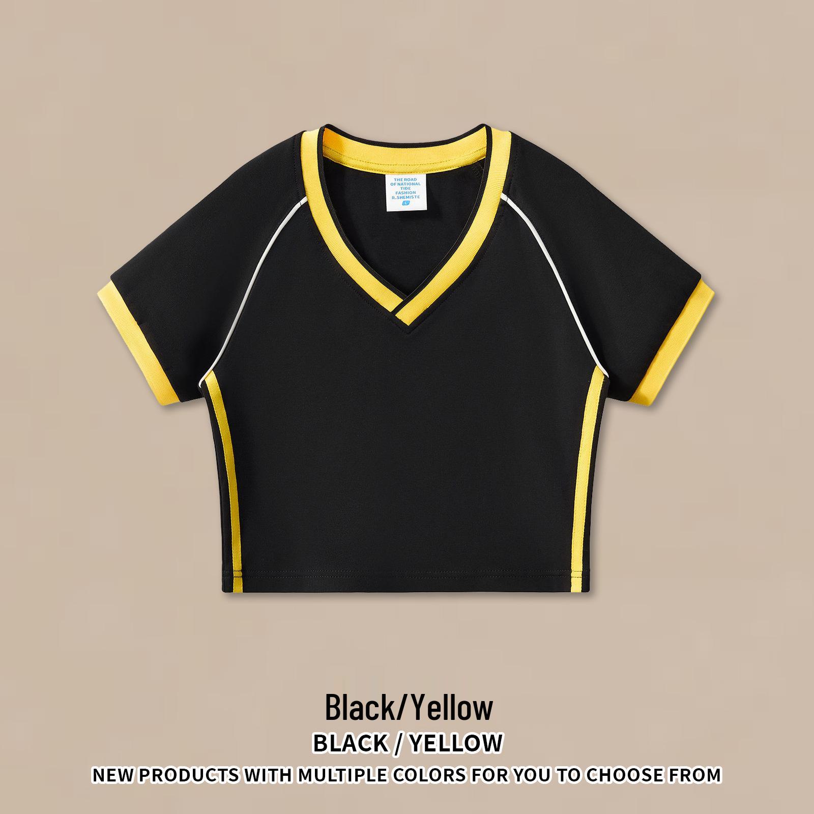 RS Women s Color Block V-Neck Crop Top - Trendy American Street Style Short-Sleeve T-Shirt Small жёлтый/чёрный