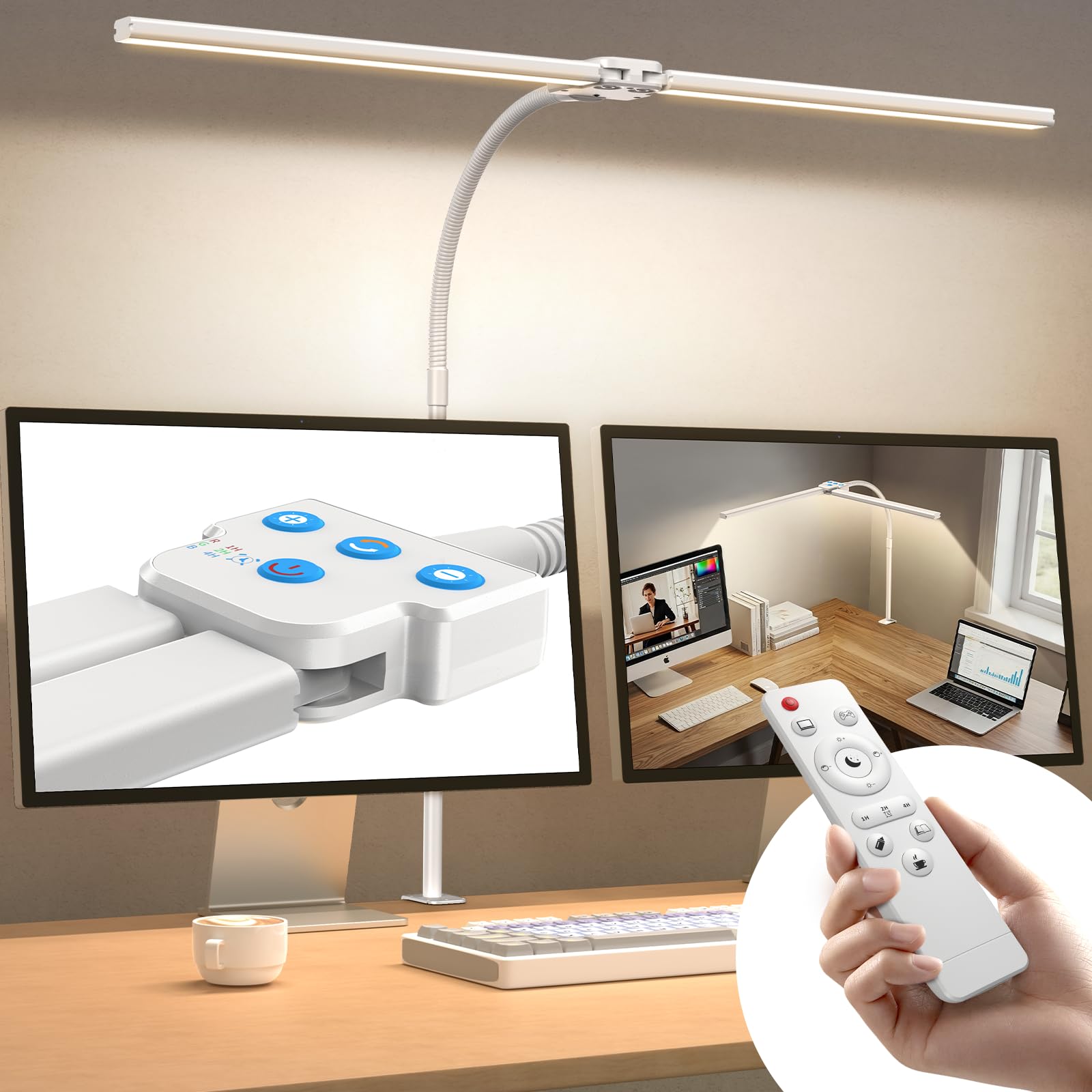 

[New for 2025] Hoxhyon LED Desk Lamp, White, Clamp-on, Desk Lamp, Eye-Friendly, Double Light Source, Wide-Range, Highly Uniform Illumination, Wireless