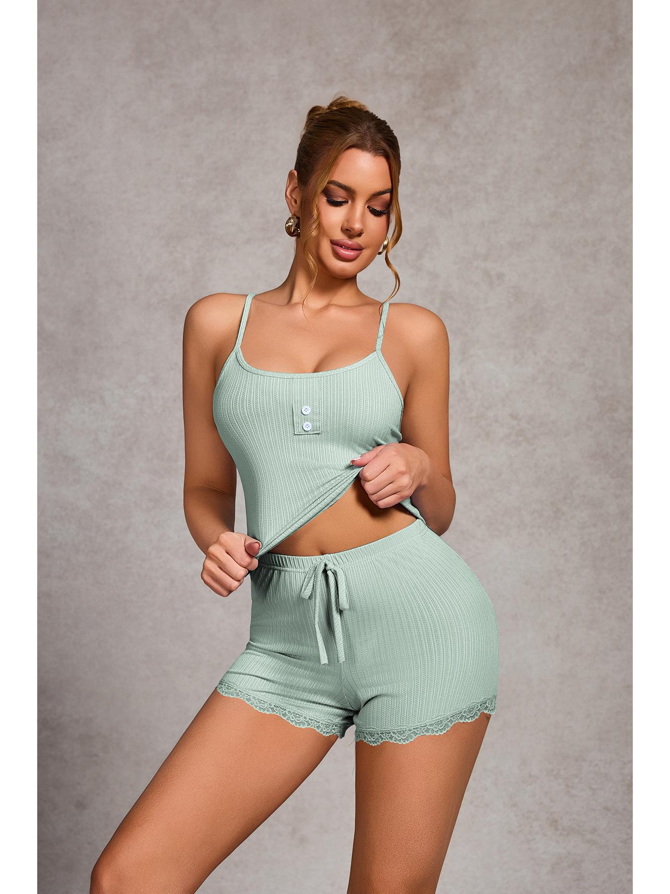 

Новый пижамный комплект в рубчик в евро-американском стиле: Повседневная сексуальная майка и шорты для женщин Medium светло-зеленый