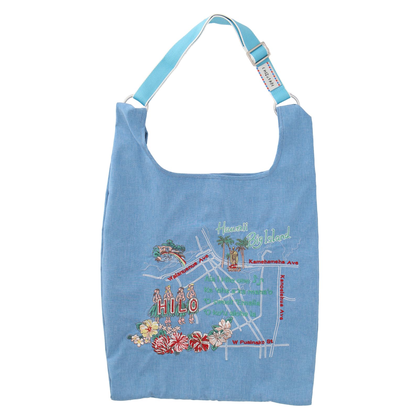 

Chizu Tabi Unisex Folding Eco Bag 44704501 Map Design, Sky Blue, USA: Hawaii, Hilo, Approx. 35cm W x 53cm H x 12cm D, Handle Height 13cm