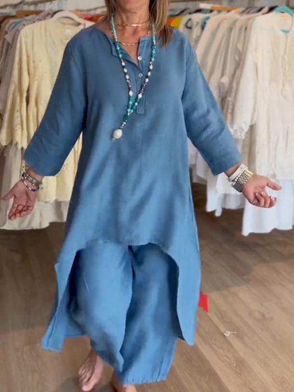 Women's Solid Color Casual Cotton Linen Long-Sleeved Summer Set