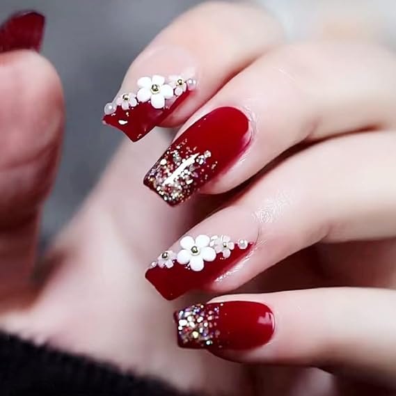 Designer Fake Nails Extension Wine Red Color with White 3D Flower & Golden Pearls 24 Pieces Set with Manicure Kit