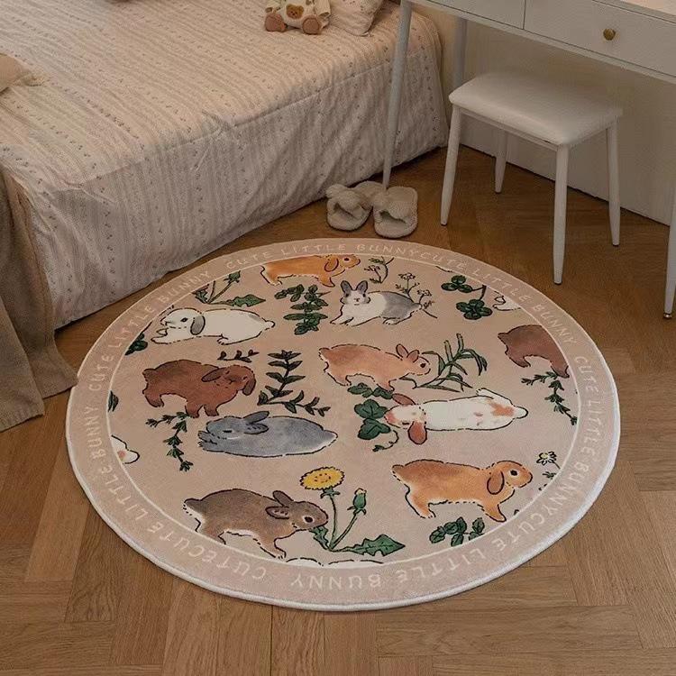 Mori Style Round Rabbit Rug: Cute French Coffee Table, Bedroom, or Study Floor Mat