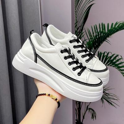 Spring New Color Matching Lace-up Women's Shoes Muffin Soft Leather Soft Bottom Increase Platform Casual Sports White Shoes