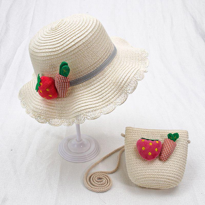 2pcs Summer Sun Hat Girls Kids Straw Cap Beach Hats Flower Decor+Handbag Set