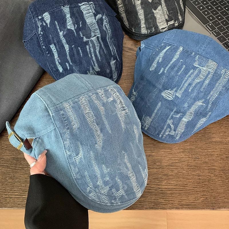Retro Ripped Denim Forward Hat Women's Spring and Autumn Versatile Face Peaked Hat Men's Fashion Styling Beret