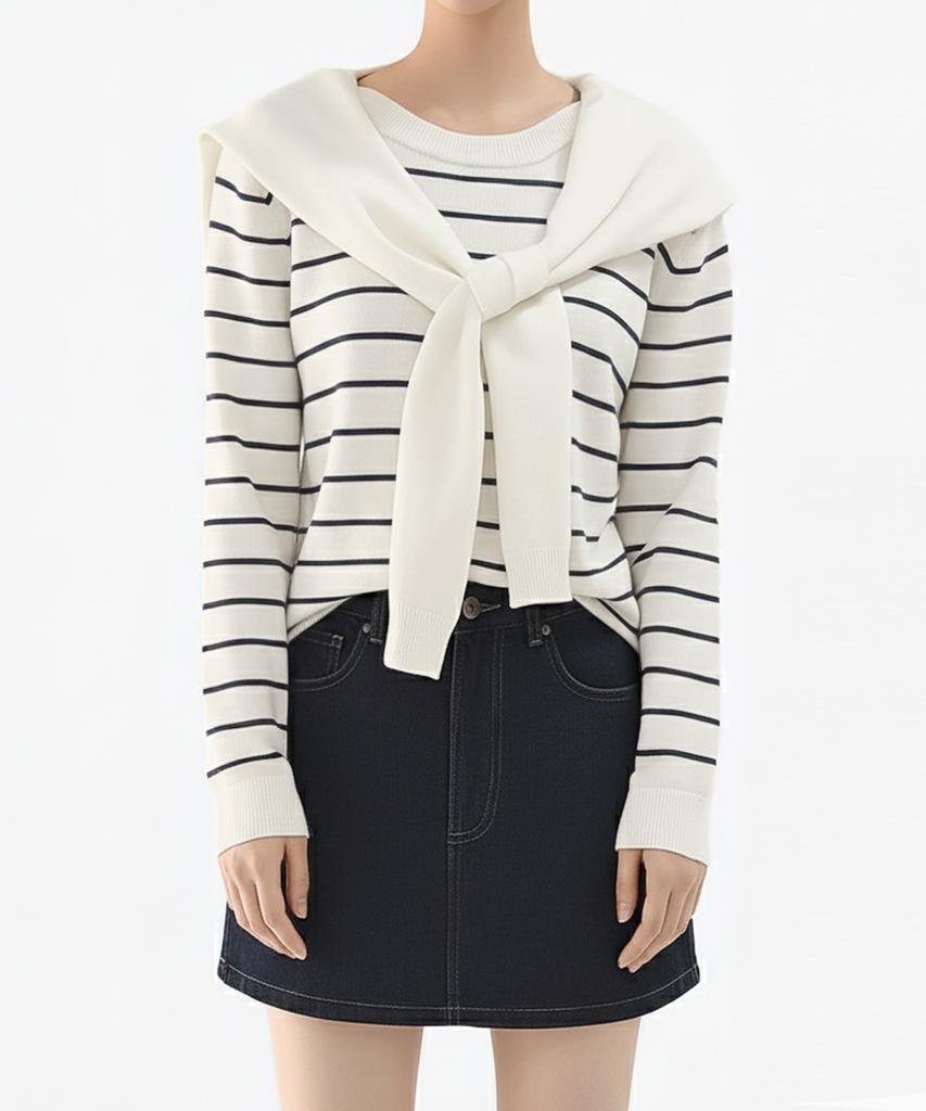 Keulleiseu Cape Shawl Layered Striped Knit T-Shirt_Ivory