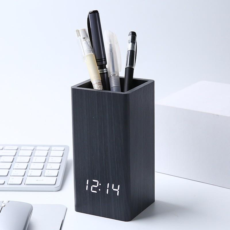 Wooden Alarm Clock Pen Holder: Time, Temperature & Date Display for Students