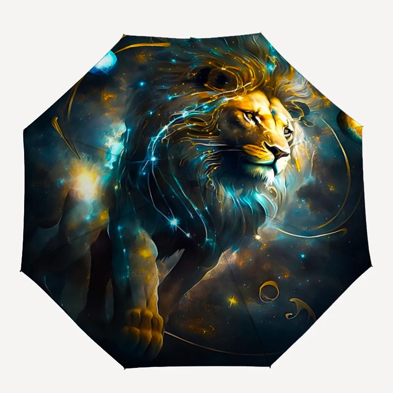 1pc Lion's Cosmic Journey Fully Automatic Folding Portable Umbrella, 8 Iron Frames, Three-Fold Design, Suitable for All Seasons, Suitable for Out