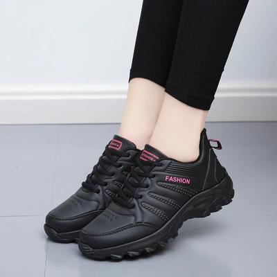 Modische schwarze PU-Leder-Sneaker für Damen Laufschuhe Rutschfest Tennis Weiche dicke Sohle Freizeit Leichte Sportschuhe Leicht wasserdichtes Design
