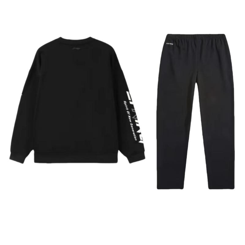 Li Ning Loose Fit Pullover Round Neck Long Sleeve Sweatshirt And Straight Leg Pants Casual Sports Set Men sets Black AKLUB21-1+AWDT607-1