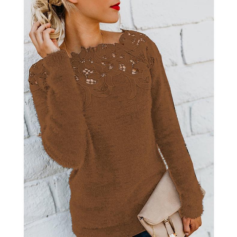 In-Stock 2025 Women's Solid Color Patchwork Lace Trim Long-Sleeved Sweater (OM8819)