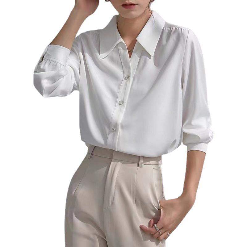 Women's Long-Sleeve White French Shirt - Spring/Autumn, Wrinkle-Resistant, Elegant Draped Style