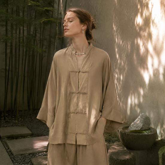 Handgemachtes Knopflochhemd Damen Hemd mit Stehkragen, Chinesische Frosch-Bluse für Frühsommer Freizeit-Outfit Herbst, Lockeres einfarbiges Langarm-Oberteil Frühjahrs-Kleidung