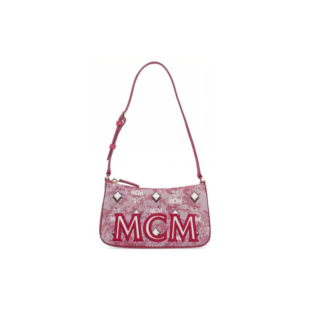 MCM Pink Visetos Hobo Shoulder Bag with Oversized Logo for Daily Use