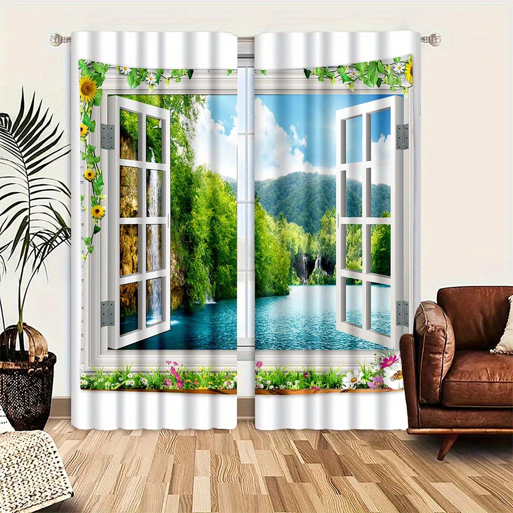 2 Pieces Stunning Forest Waterfall Landscape Curtain for Home Decor Rod Pocket Window Treatment for Bedroom Office Kitchen