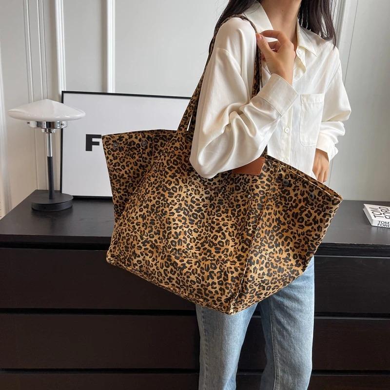Oversized Leopard Prints Shoulder Bags For Women Deformable Canvas Large Capacity Shopping Totes 2024 Winter New Luxury Handbags