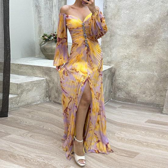 Women Evening Dress Off Shoulder Rhinestone Decor Pleated Long Lantern Sleeve Split