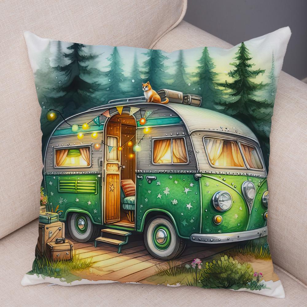 Happy Campers Pillow Case Double Print Decor Cartoon House Travel Car Cushion Cover for Sofa Home Soft Plush Pillowcase