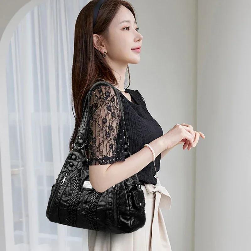 PU Sewing Thread Women's Shoulder Bags Interior Zipper Pocket Ladies Crossbody Bags