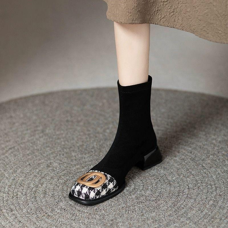 Square head thick heel metal buckle thin boots women's autumn and winter new middle heel back zipper short boots thousand grid bird color matc