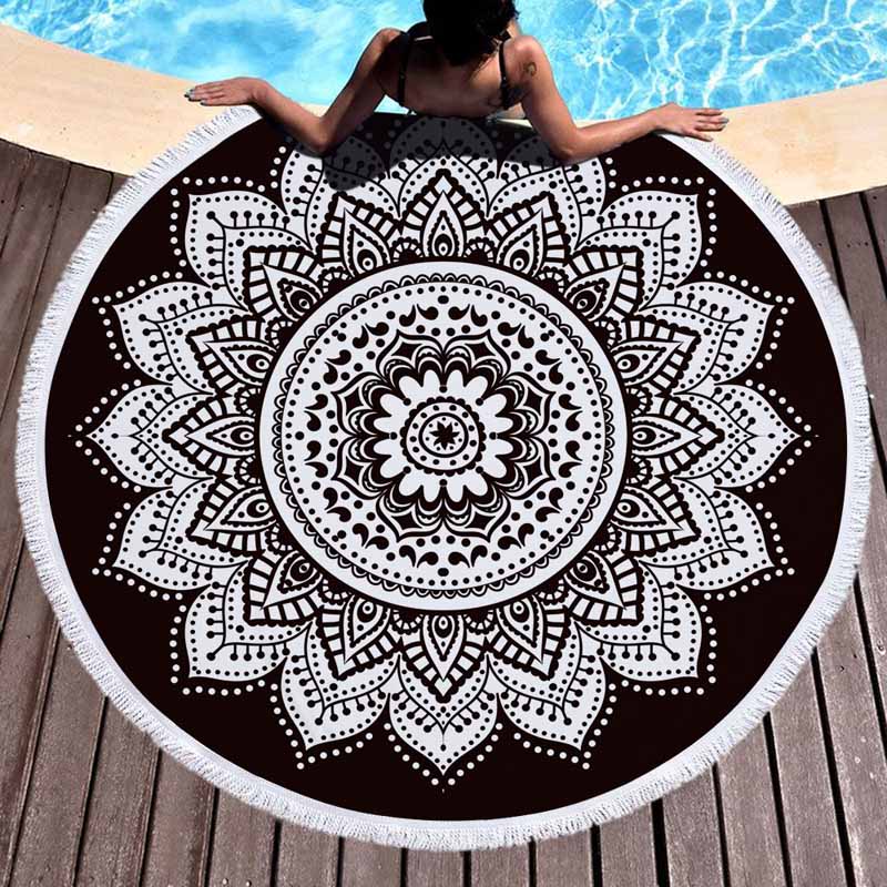 Gradient Geometric Mandala Round Beach Towel With Tassels Microfiber Water-Absorbent Bath Towel Laying Beach Yoga Mat 150Cm