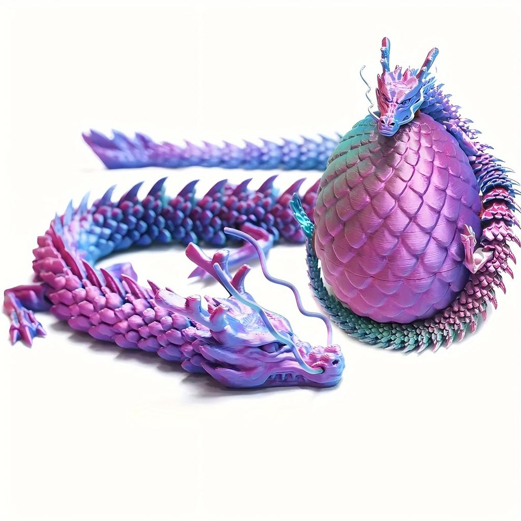 A Set of 3D Printed Chinese Dragon and Surprise Egg with Movable Joints - Colorful Home Office Decorative Desktop Ornament for All Kinds of Room