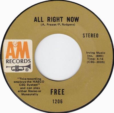 7inch Record FREE - All Right Now / Mouthful Of Grass 1206 A&M Records 1970 US Rock Used
