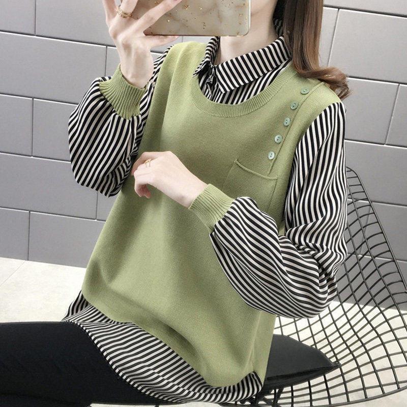 Korean Style Plus Size Long-Sleeved Knit Top with Shirt Collar