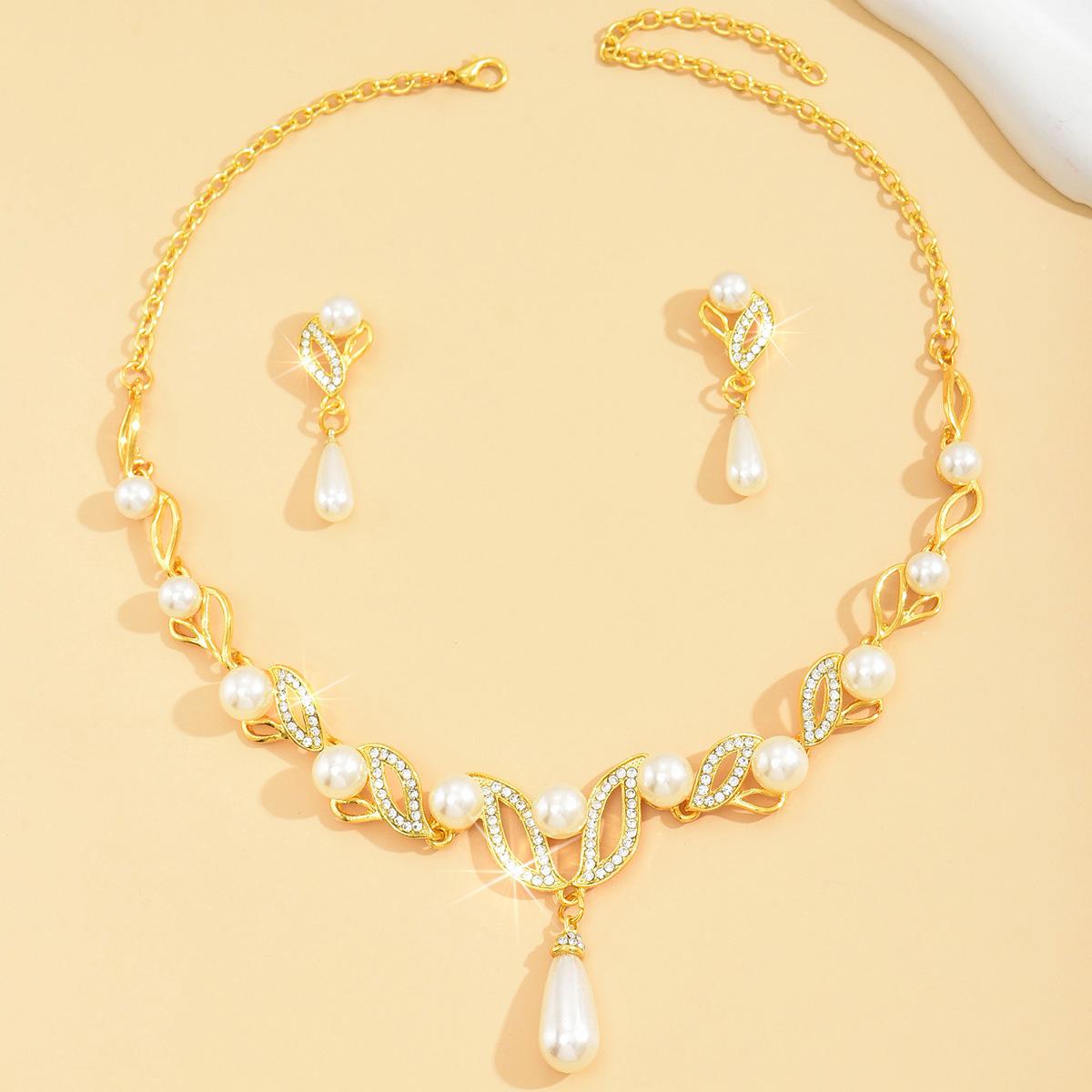 

Luxury Dress Wedding Jewelry Pearl Water Drop Champagne Bridal Temperament Elegant Earrings Necklace Set Women