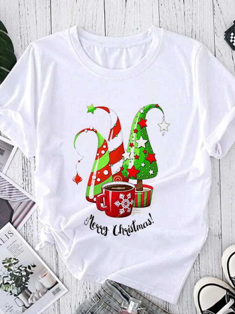 Women Tees Graphic Cartoon Christmas Print Wear Vacation Tops Tees Ladies Short Sleeve 90S Summer Fashion Trend Tshirt T-Shirt