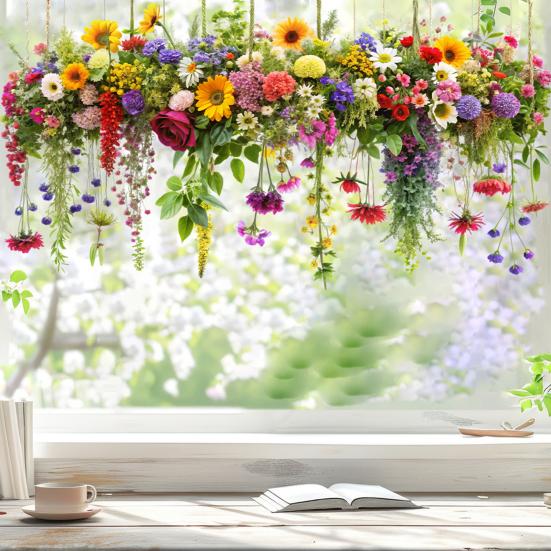 Colorful Floral Window Sticker Removable Flower Window Clings Waterproof Static Window Decal for Home Office Bedroom Bathroom Decor
