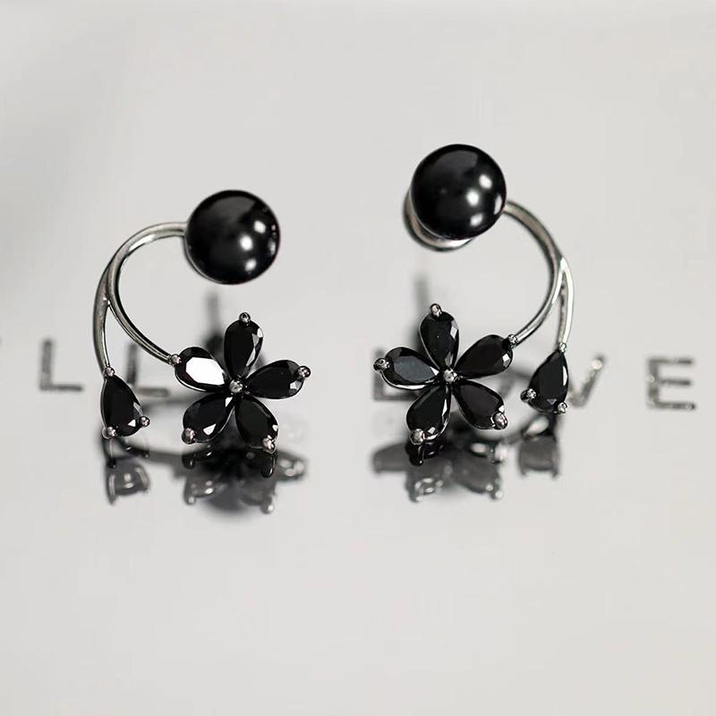 

Винтажные серьги-пусеты с цветком из черного циркона и жемчуга для женщин, корейские элегантные серьги с изюминкой, свадебные украшения для вечеринки, подарок для женщины