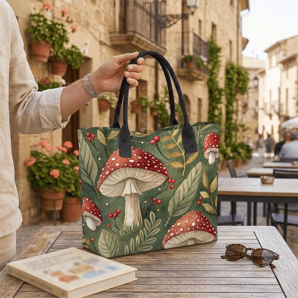 Forest Mushroom Print Tote Bag Casual Large Capacity Shopping Handbag for Daily Use