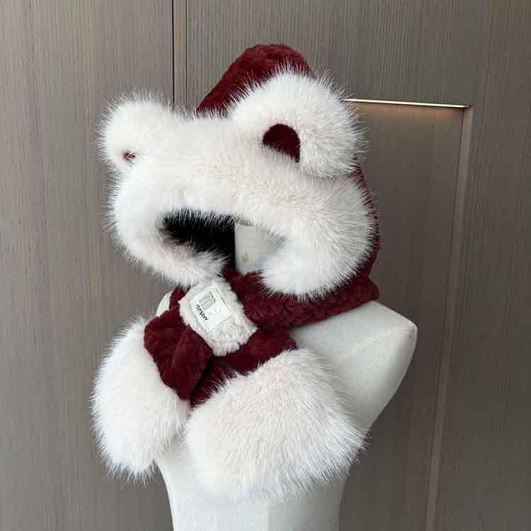 Ange Kola red cute bear ears hat scarf integrated thickened warm winter hooded student plush hat