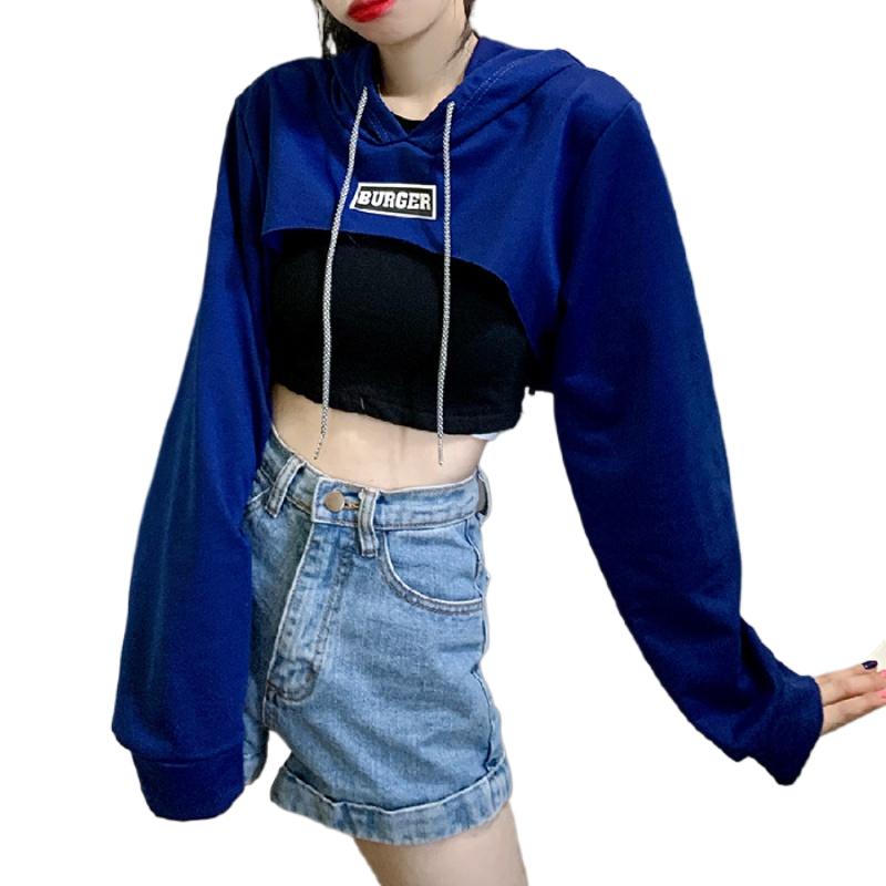 Dámská mikina s vysokým pasem, volná krátká, odhalující pupík, s dlouhým rukávem, jazzový hip-hopový top, tenká s kapucí