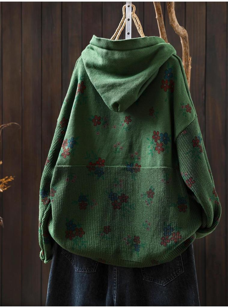 2025 Bo Jia Fan Flower Print Hooded Cotton Knit Sweater - Loose Fit, Autumn Style