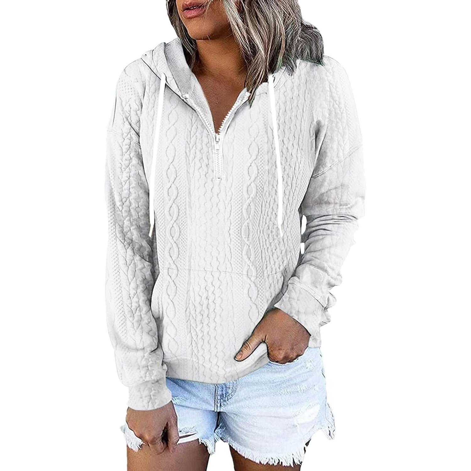 Женские вафельные толстовки с капюшоном, пуловеры с капюшоном, длинные рукава, V-образный вырез, завязка на шнурке, трикотажные изделия, джемперы, свитера, топы S белый