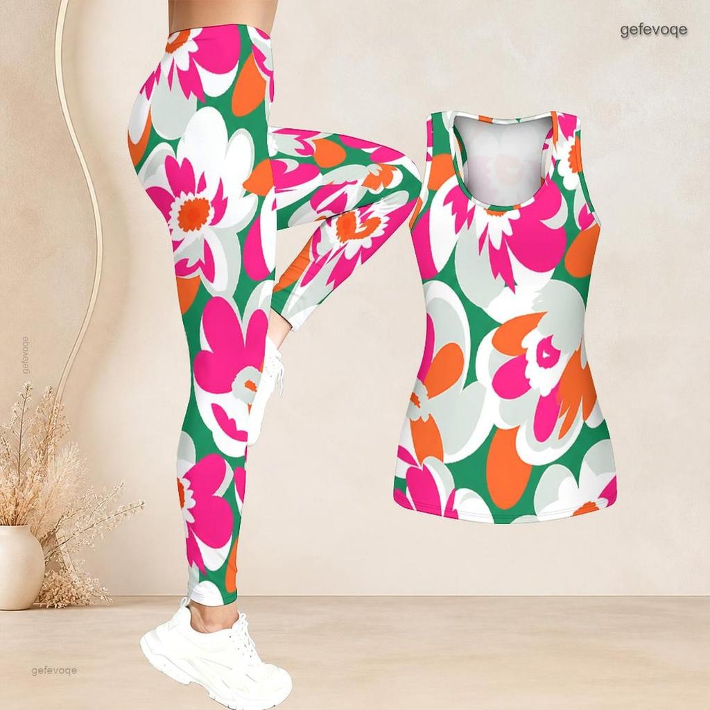 Women Plus Size Two Piece Set Scoop Neck Sleeveless Floral Printed Longline Tank Top Fitted Leggings