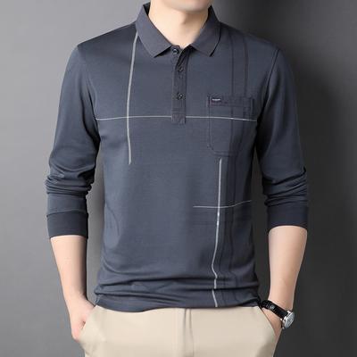 Frühling und Herbst Neue gestreifte Revers Herren-T-Shirts für junge und mittelalte Männer Modische lässige Unterhemden Langarm-T-Shirts