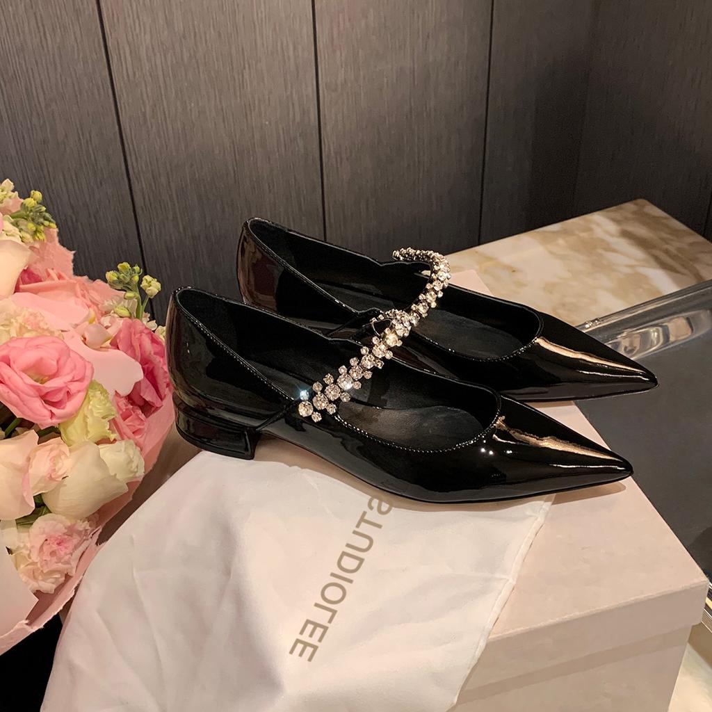 Sheepskin Version~ Grape Mother Same Leather French Pointed Sparkling Rhinestone Mary Jane Shoes Women's Versatile Shallow Mouth Single Shoes