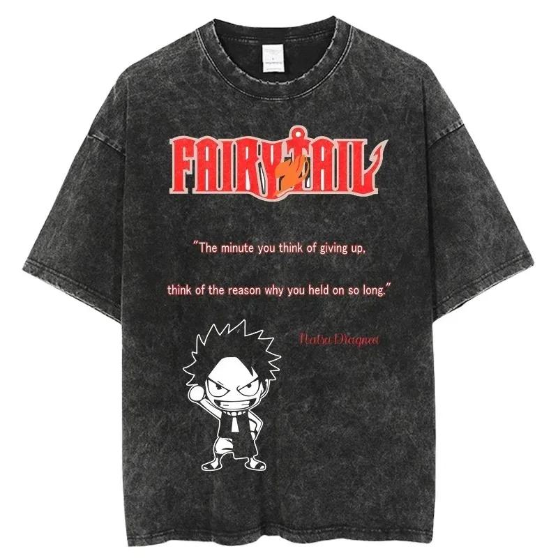 2026 Summer Vintage Washed Fairy Tail Manga Cover Anime T-Shirt Unisex Oversized Streetwear Cotton Short Sleeve Casual Tops