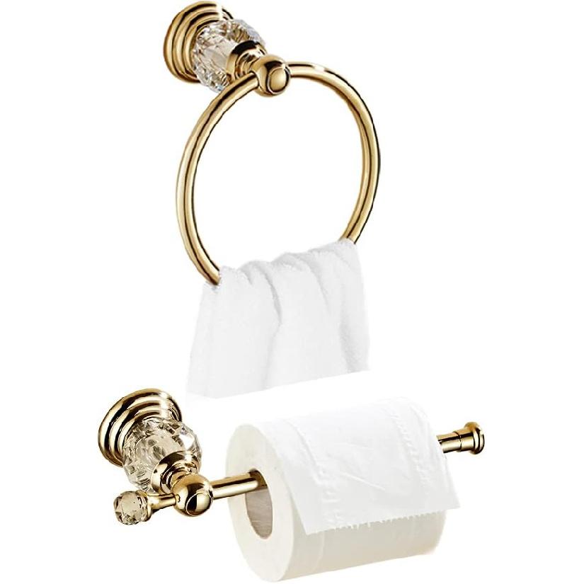 WOLIBEER Crystal Gold Toilet Paper Holder Hand Towel Ring Crystal Bathroom Accessories Set Modern Paper Towel Holder Include 2 Pieces Bathroom